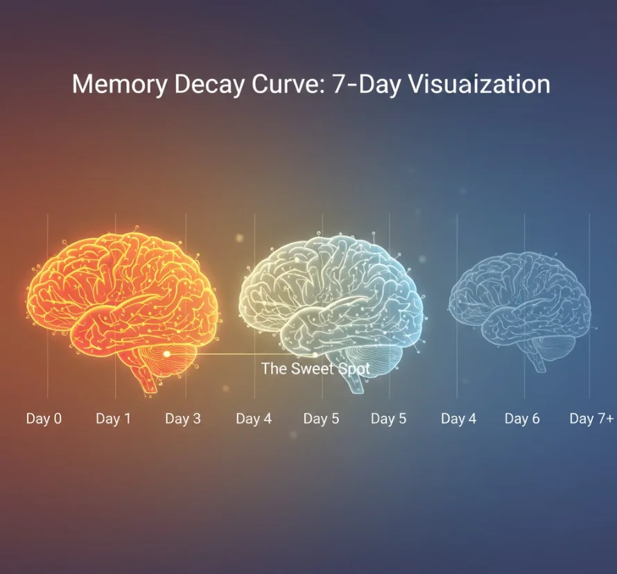 Memory decay curve showing the sweet spot at day 5-7