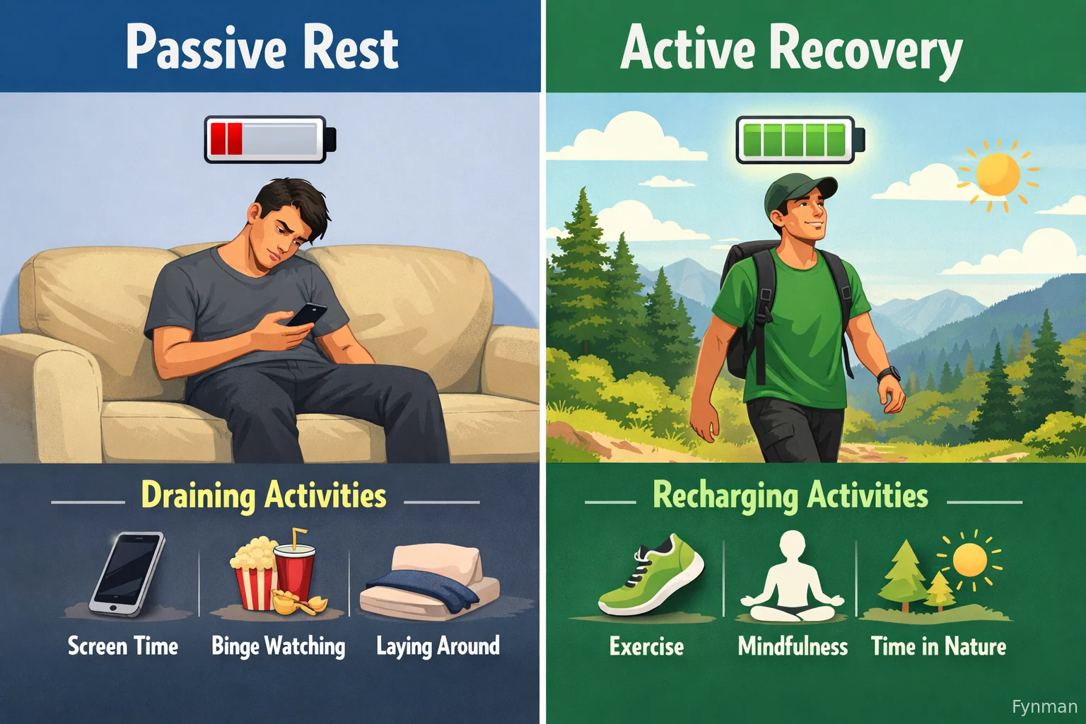 Infographic comparing passive rest draining battery vs active recovery recharging it.