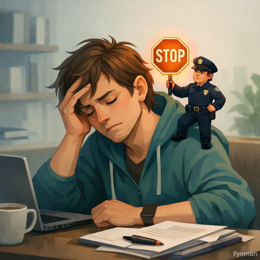 Illustration of a tiny cop stopping a tired worker from resting.