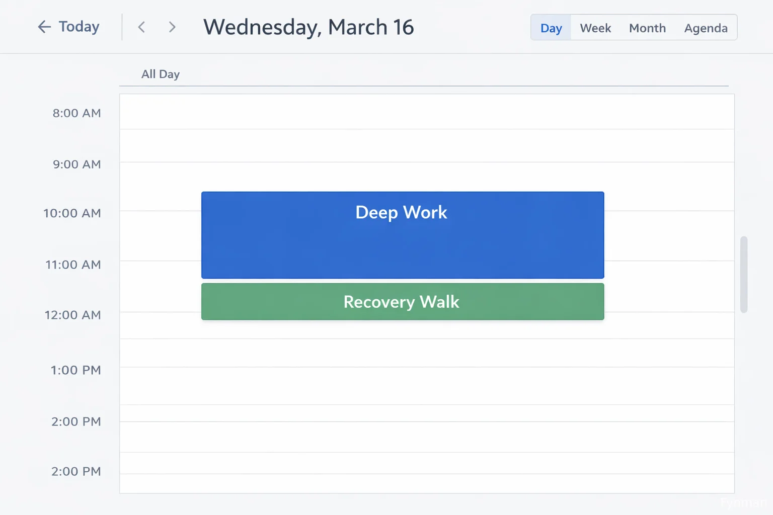 Screenshot of a calendar showing deep work block followed by a break.