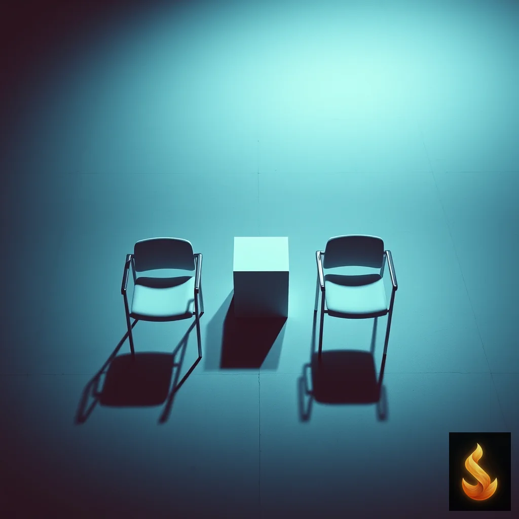 Two chairs facing each other with a geometric cube between them, representing the strategic dilemma of seeking therapy.