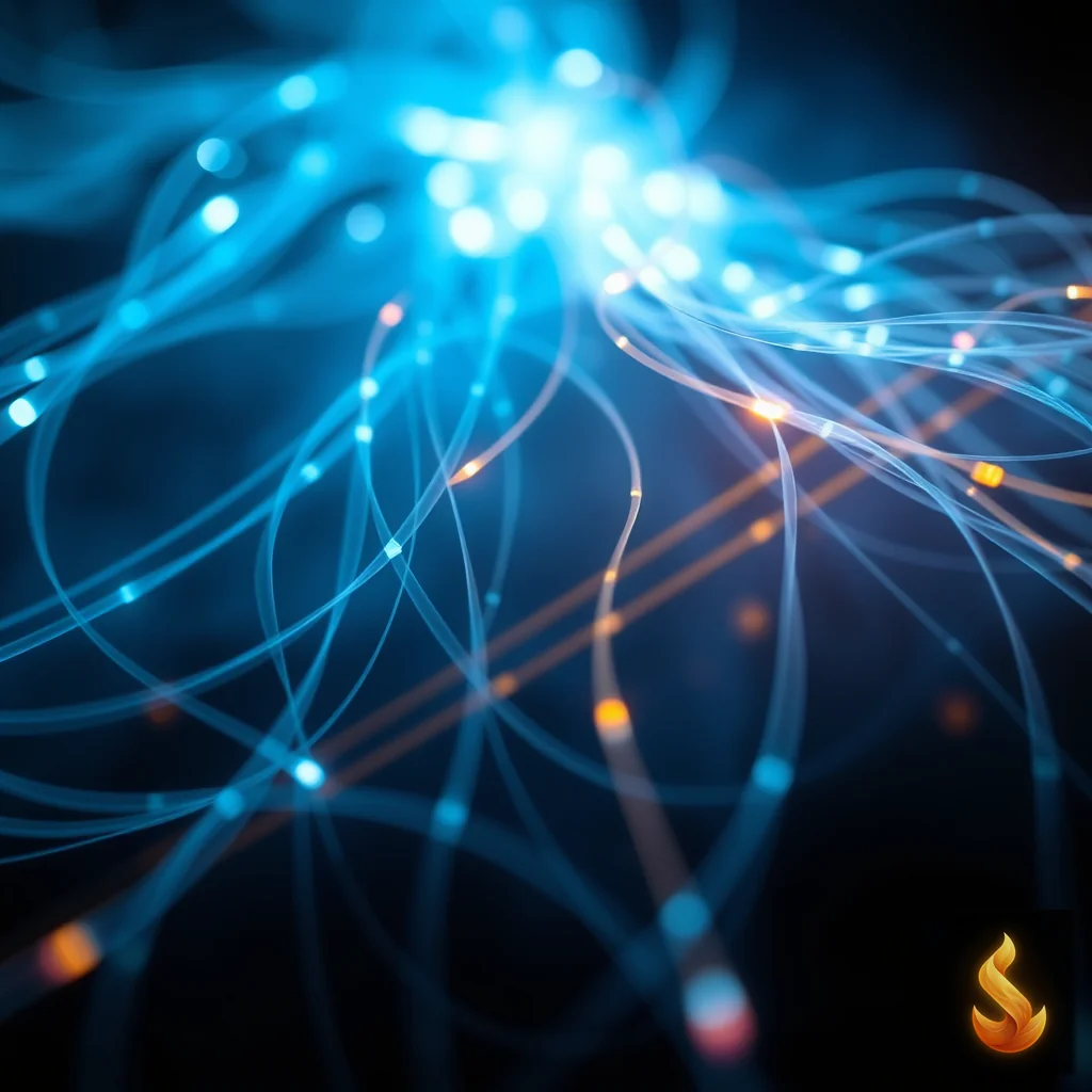 Abstract glowing fiber optic threads representing racing nocturnal thoughts.
