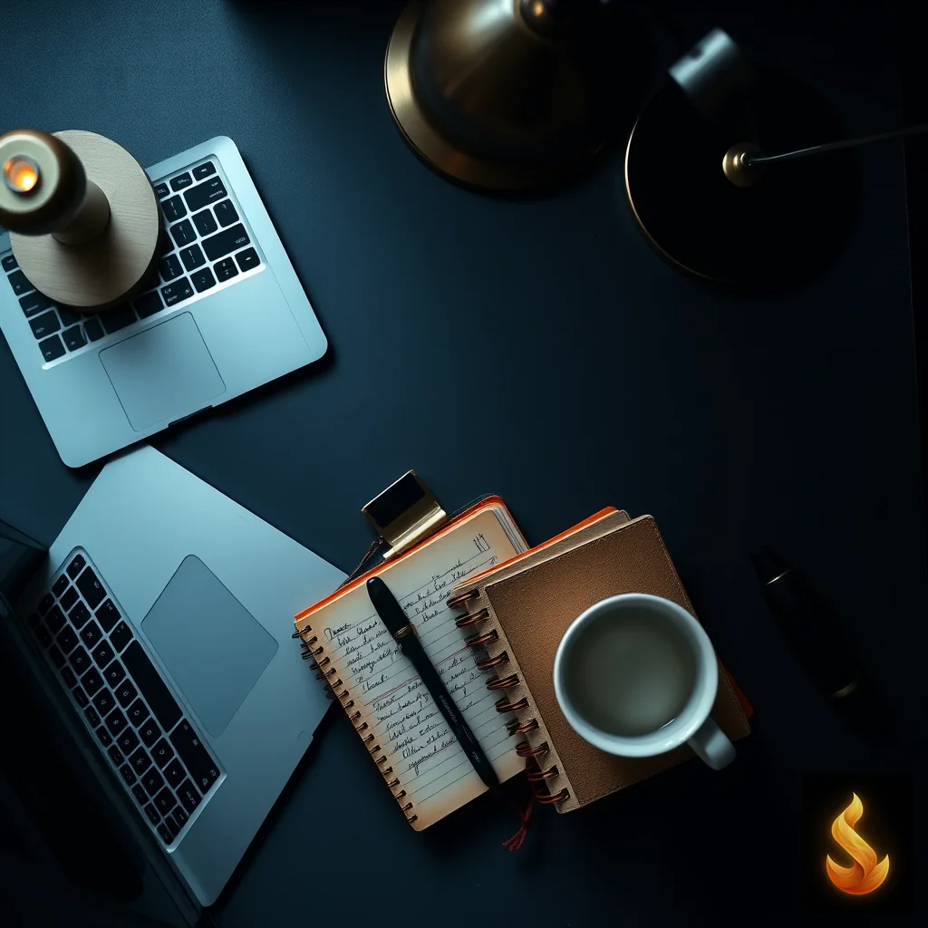 An organized desk with a laptop and notebooks under moody lighting, representing high-functioning professional masking.