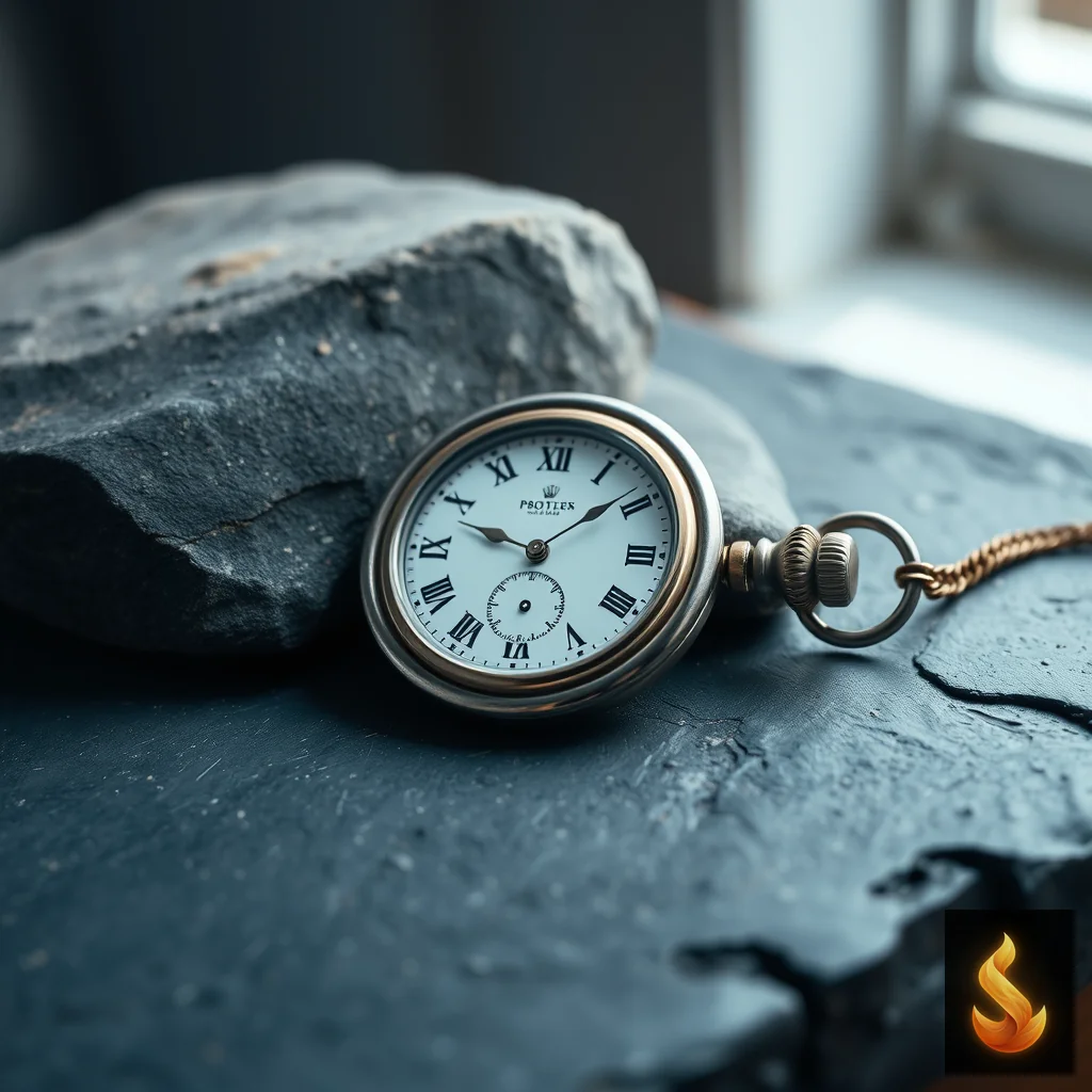 A vintage pocket watch and a smooth river stone resting on weathered slate under soft window light.