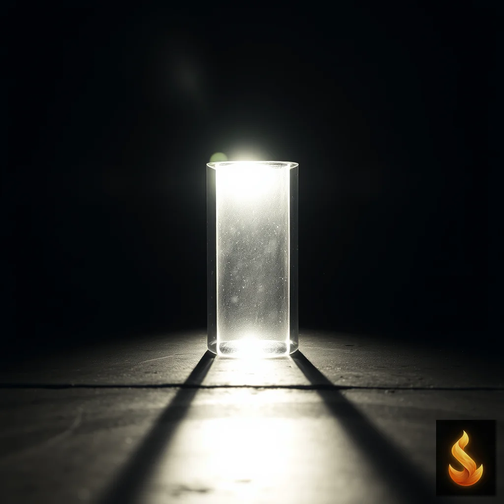 A clear glass prism refracting a clean beam of morning sunlight on a concrete surface.