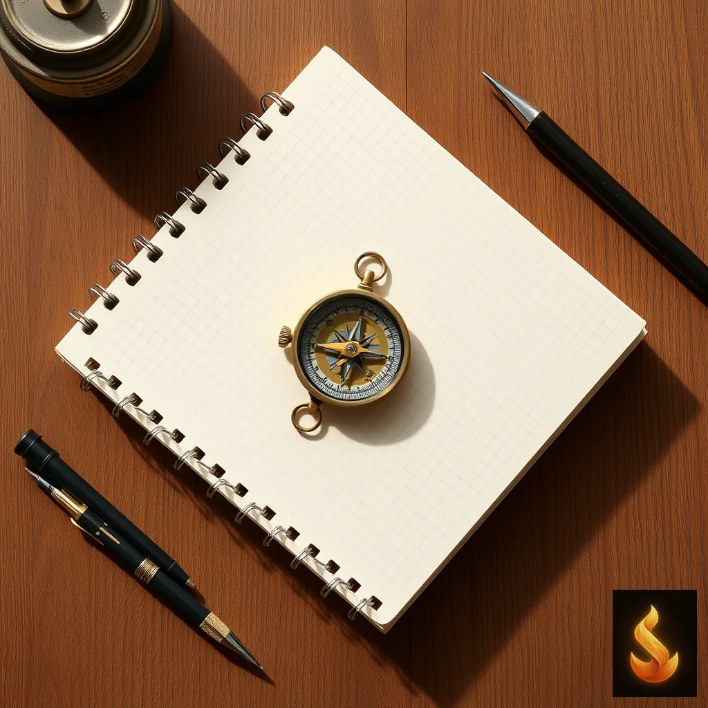 A brass compass resting on grid paper on an oak table viewed from directly above.