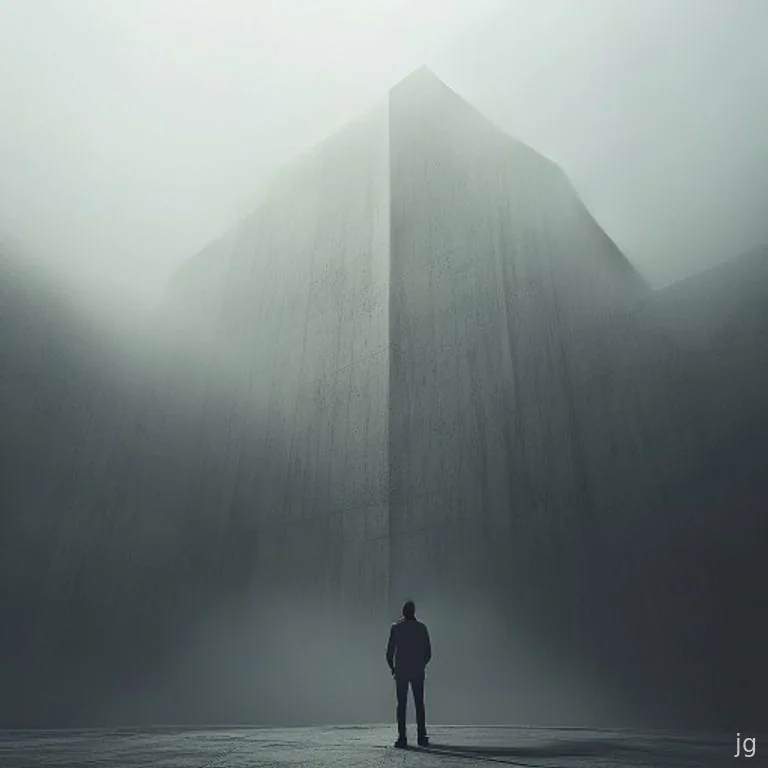 Person standing before a massive endless concrete wall.