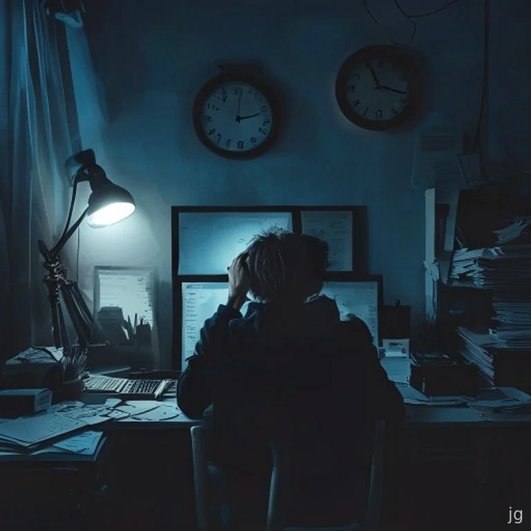 Person exhausted staring at blank laptop screen late at night.