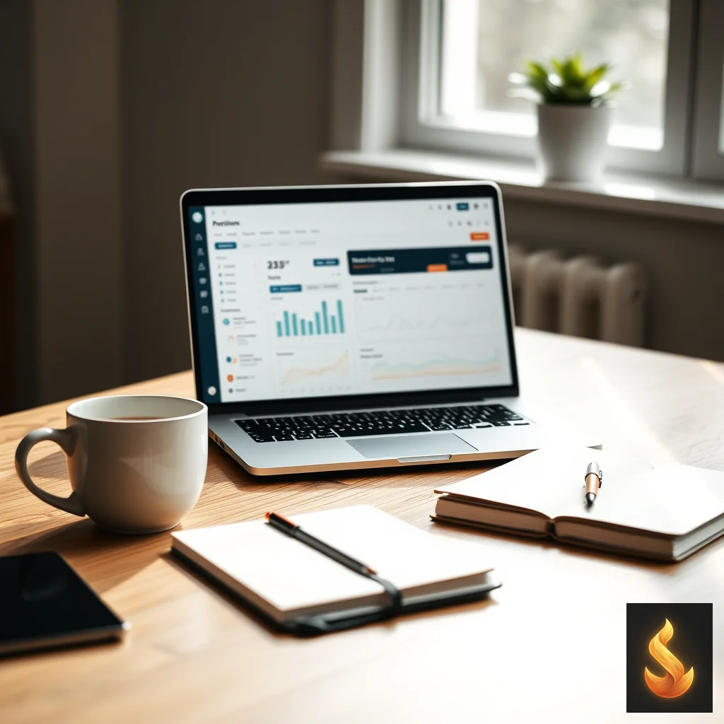 A minimalist desk with an open laptop and a warm mug, representing professional workspace detachment.