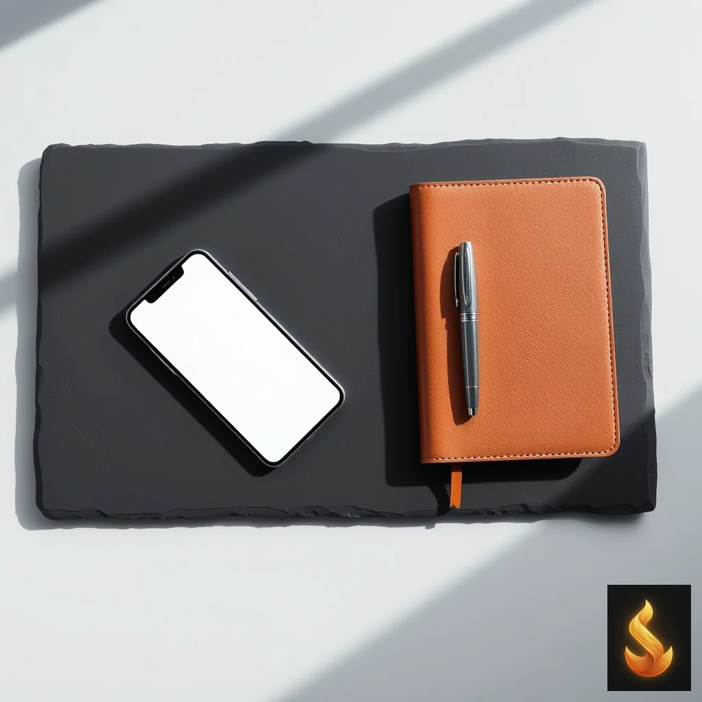 A smartphone and journal on a dark slate surface, illustrating private data-driven self-assessment.