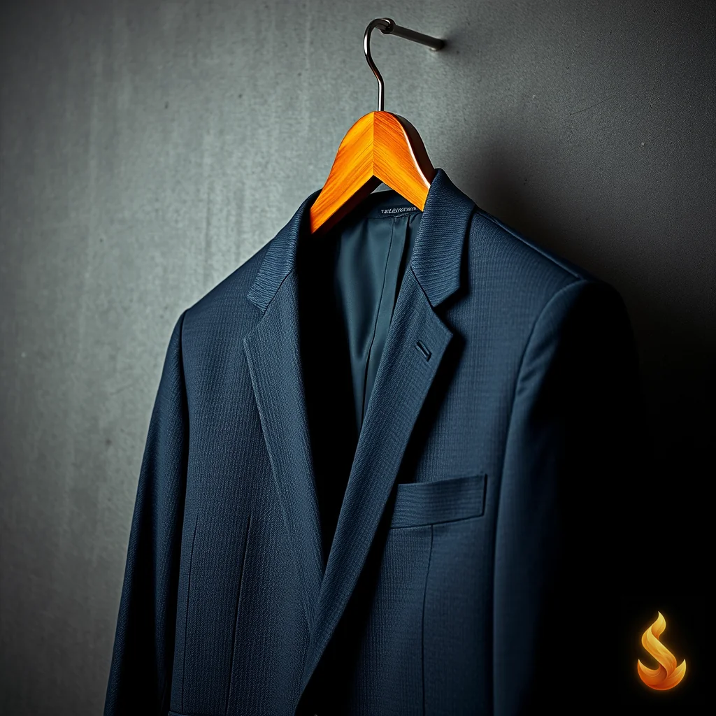 A tailored blazer hanging against a dark concrete wall, representing professional armor and high-functioning mask.