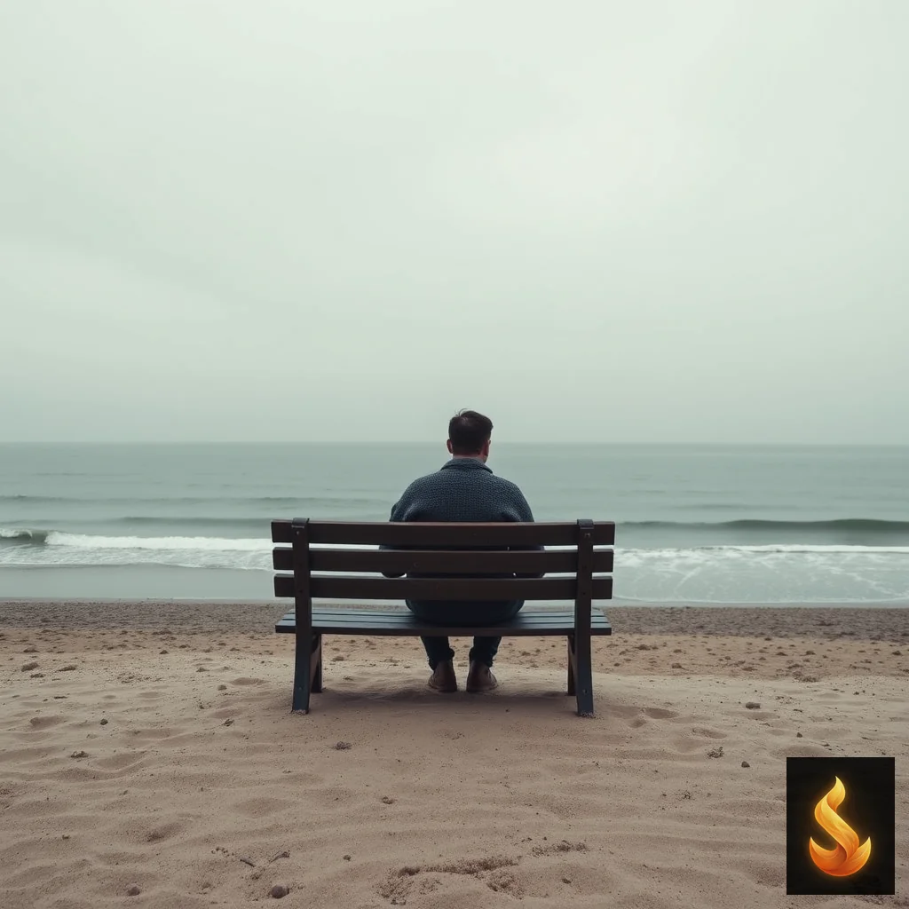 A solitary figure in a sweater sitting on a quiet, overcast beach looking out at the ocean.