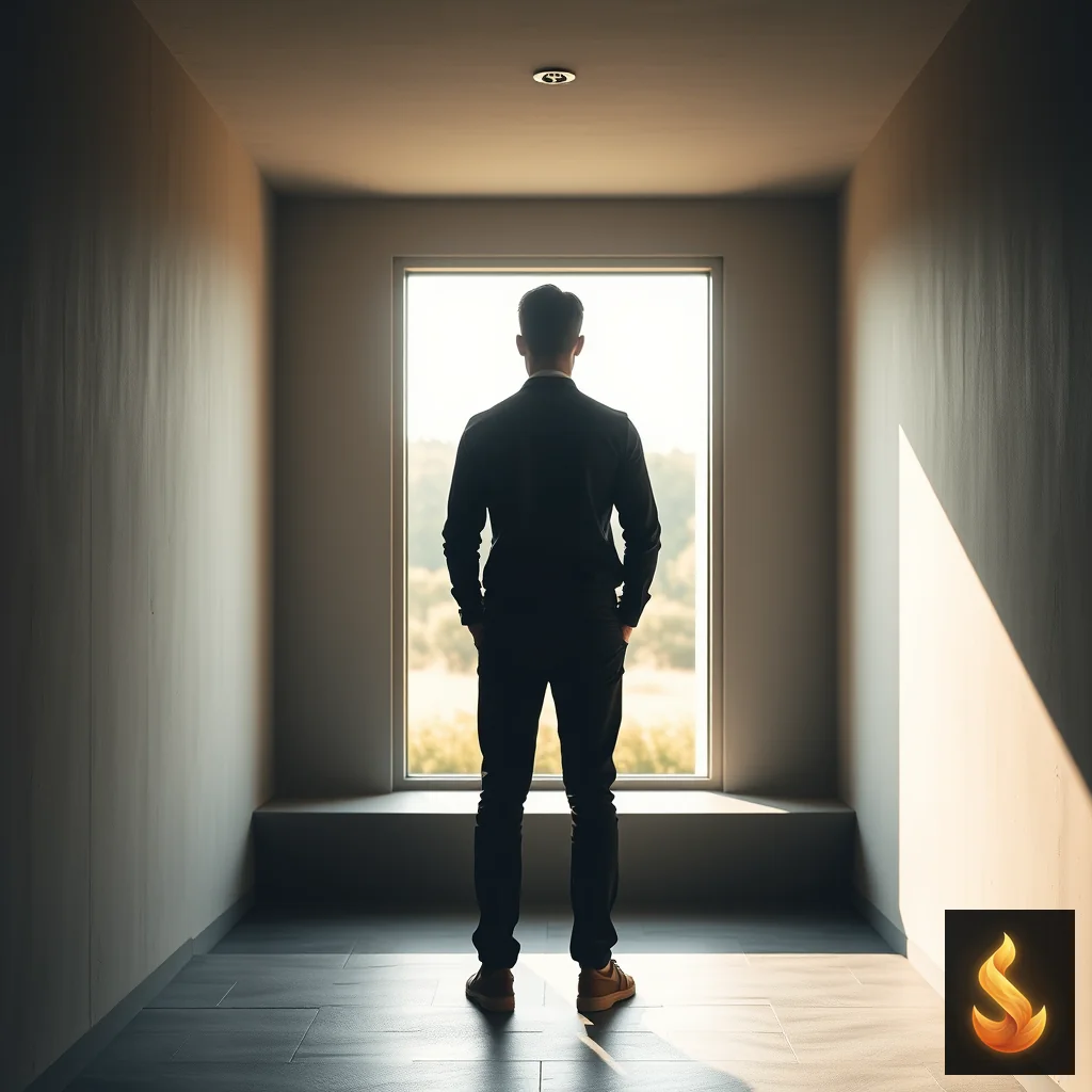 A person standing in a quiet, minimalist space looking toward a bright, open exit, symbolizing the path to recovery.