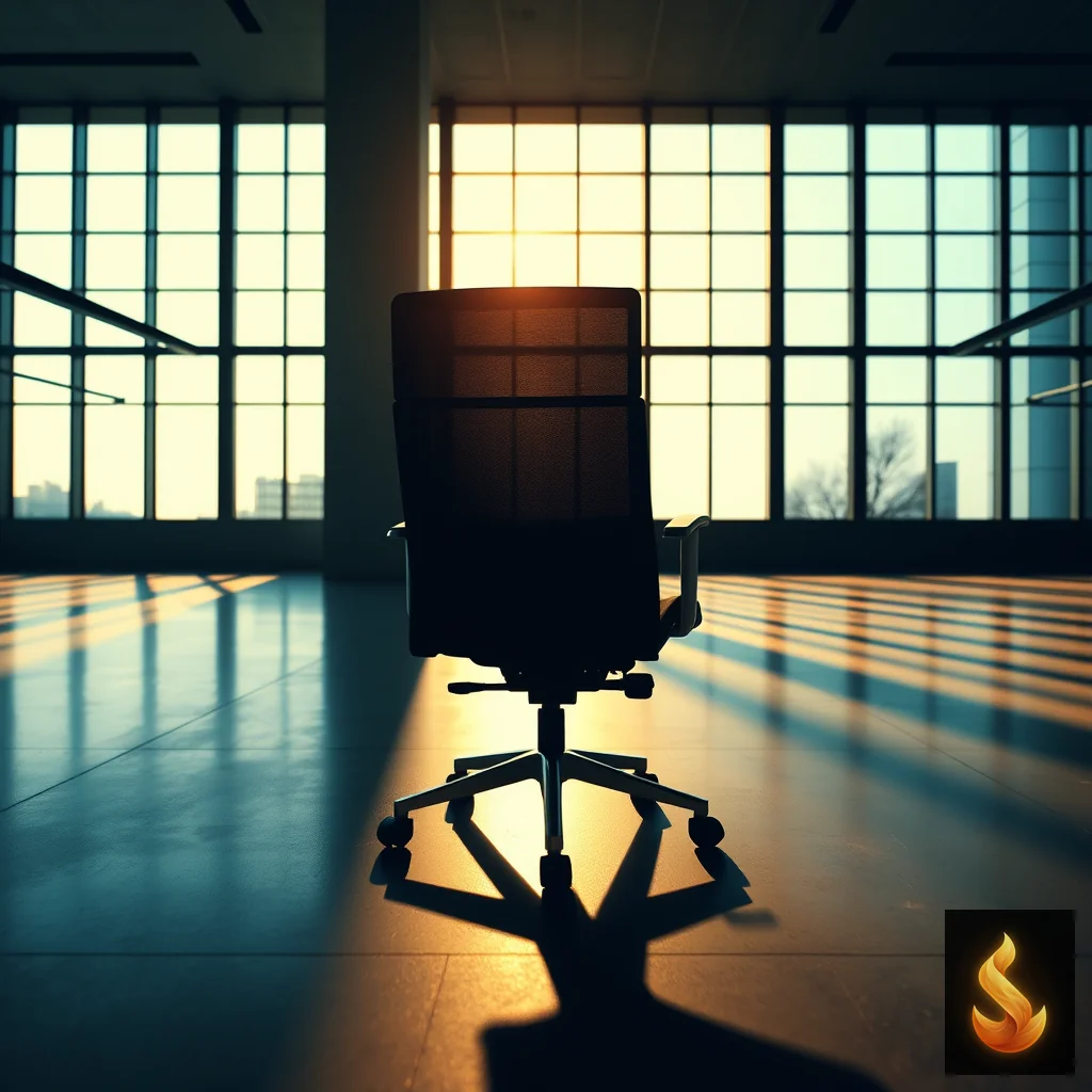 An empty office chair in a large room, reflecting the isolation of high performance.