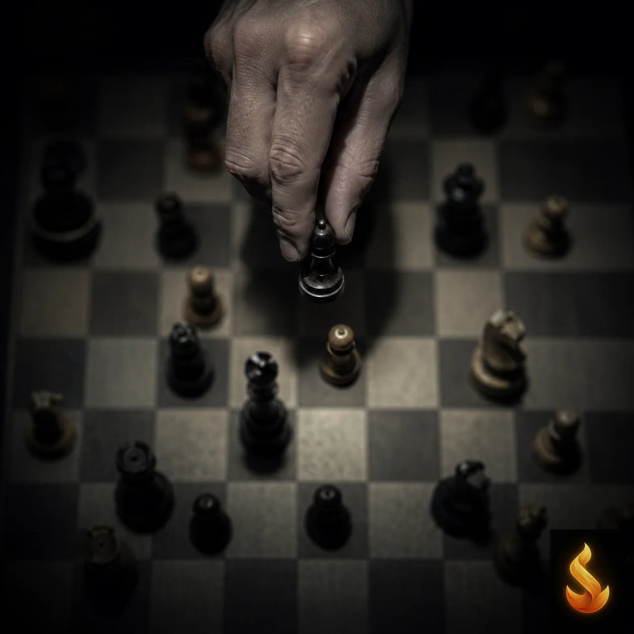 Close up of a hand hovering over a chess piece, symbolizing mental hesitation and strategy paralysis.