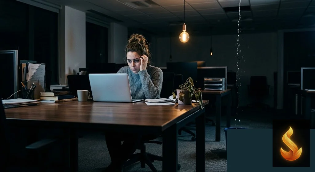 Person working at a desk while water leaks from the ceiling.