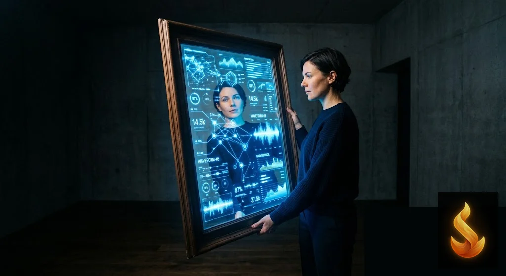 Person looking at a mirror reflecting data graphs.