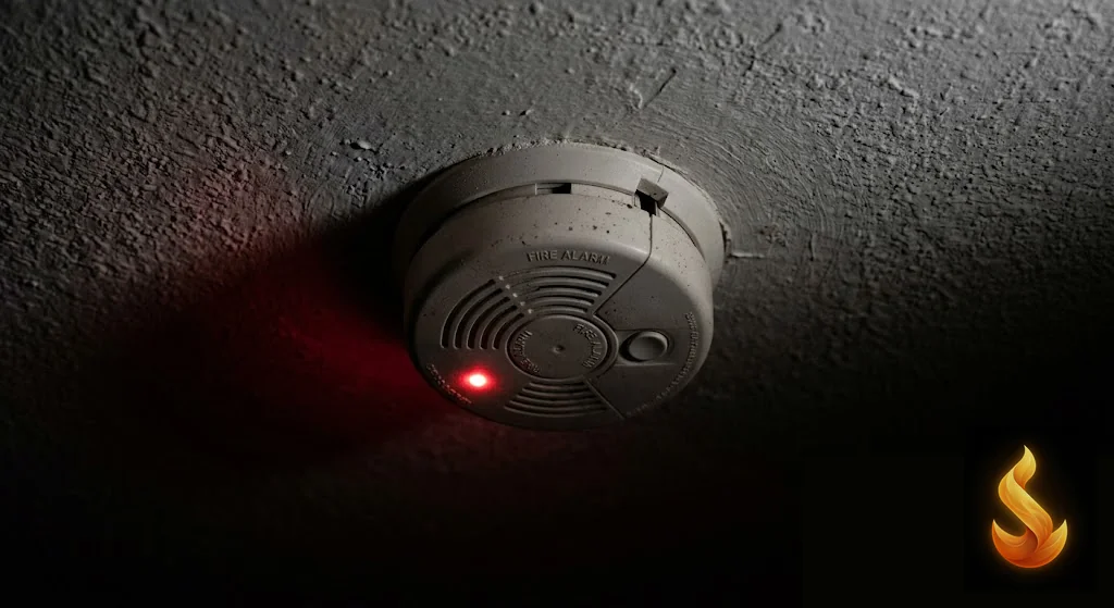 A smoke detector glowing red on a dark ceiling.