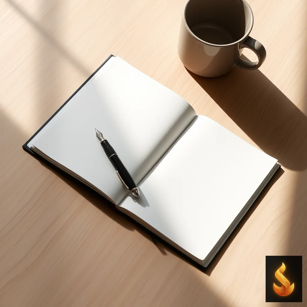 A clean, minimalist desk setup with an open notebook and fountain pen in soft morning light.