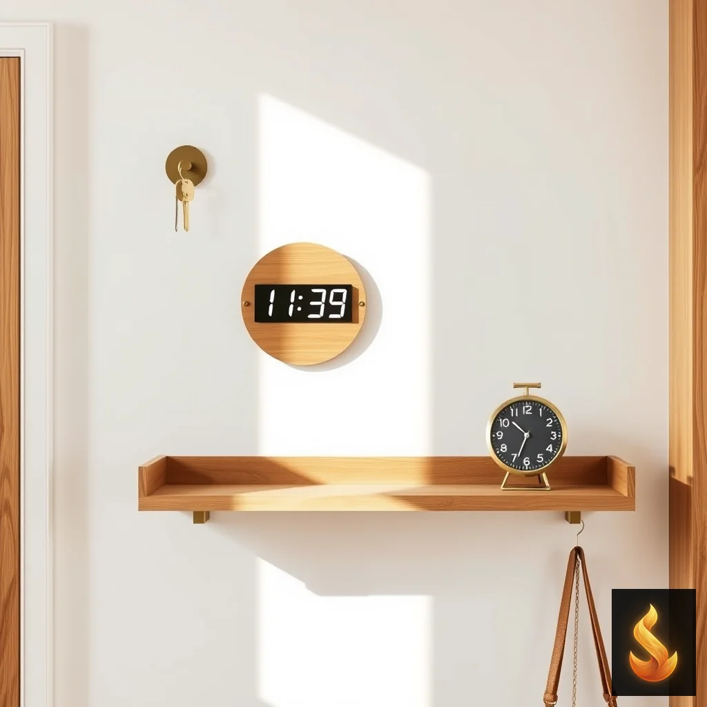 A minimalist wall shelf and physical timer set up in a clean entryway.