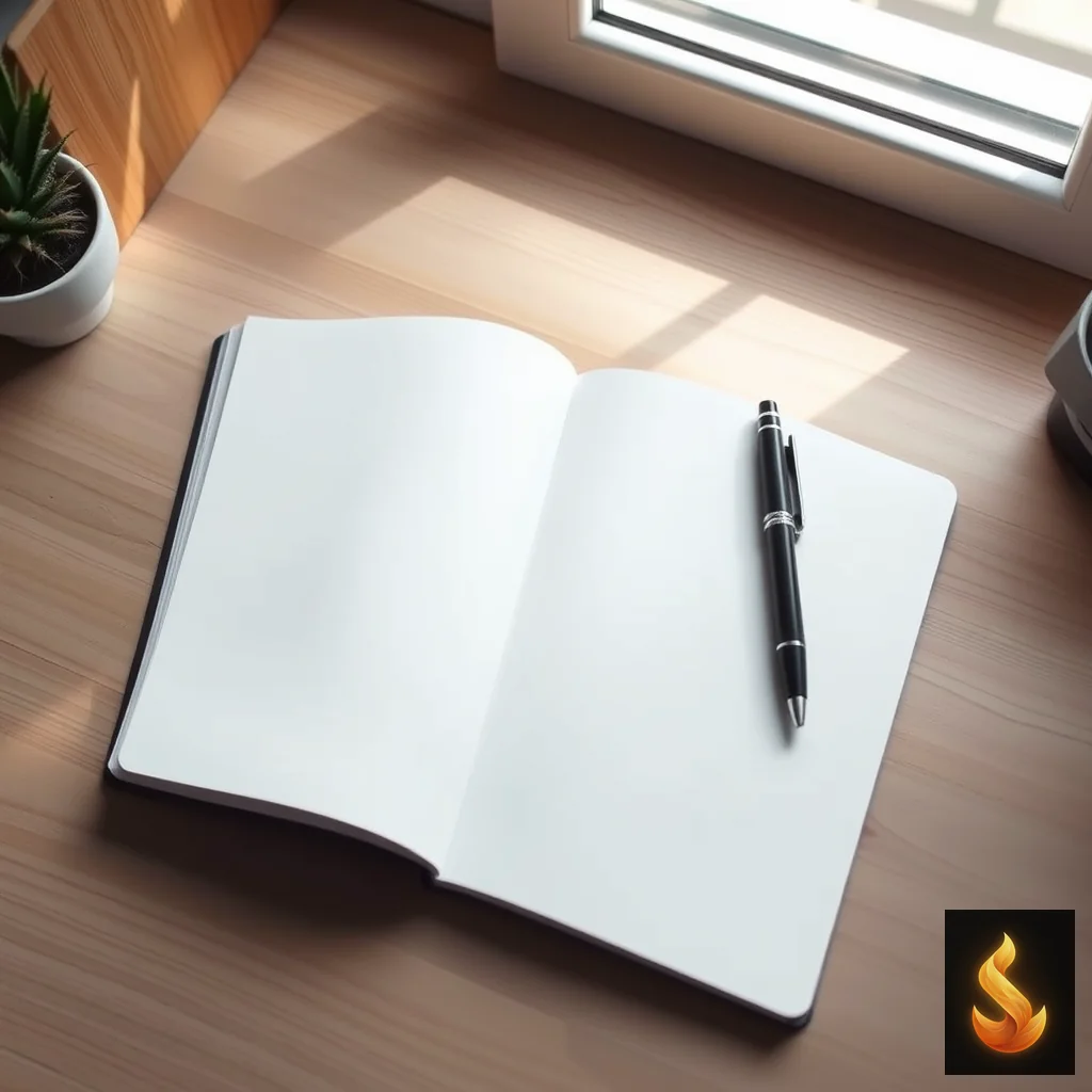 An open blank journal and a pen resting on a wooden desk in soft morning light.
