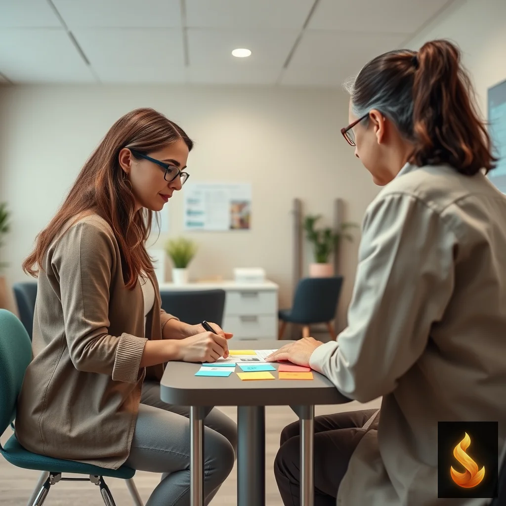 A professional therapy session utilizing structured visual tools on a table.