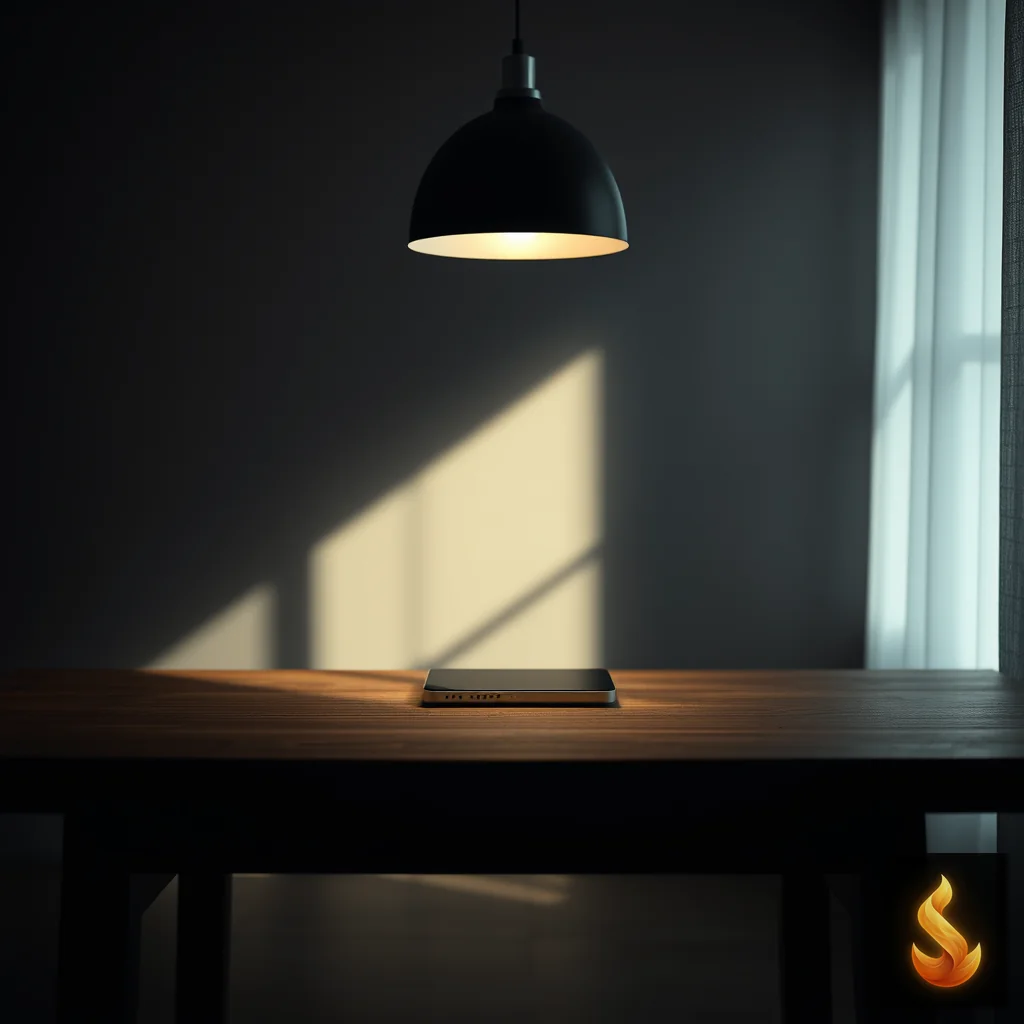 Secure device resting on a dark wooden table in a quiet, softly lit room.