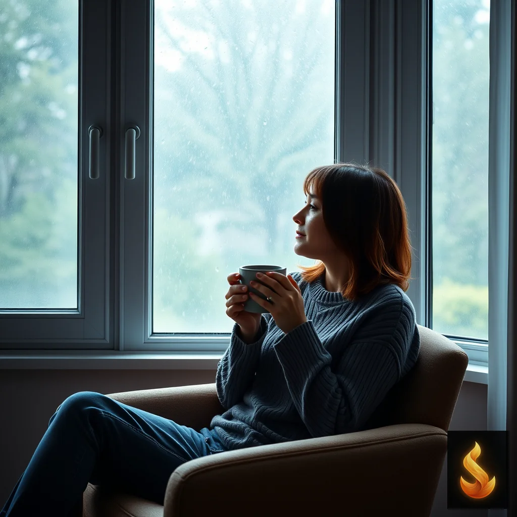 A person holding a warm mug near a rain-streaked window, representing emotion regulation and calm.