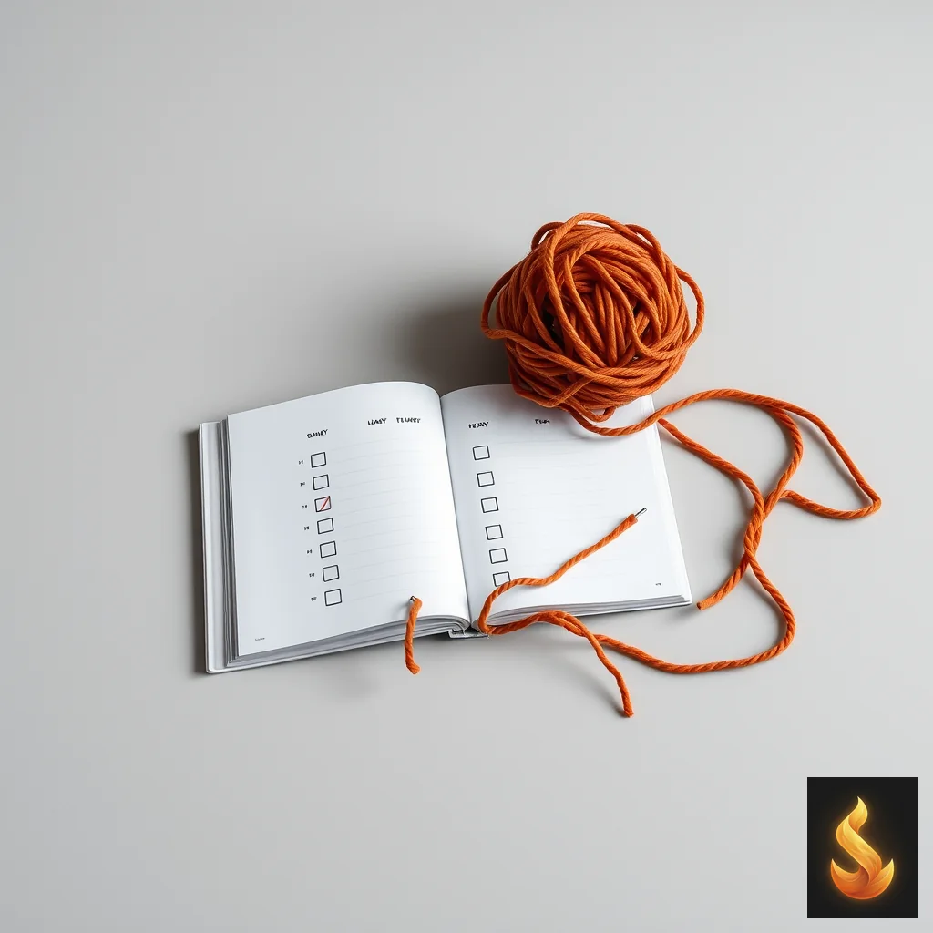 A rigid planner next to a tangled ball of yarn illustrating the failure of generic productivity advice.