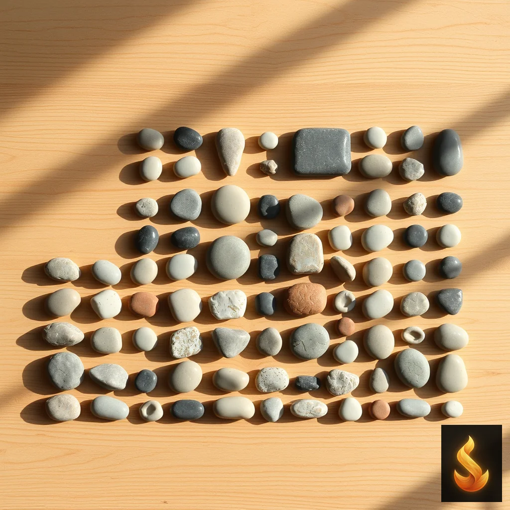 River stones sorted in a structured grid on a wooden surface representing an organized evaluation framework.
