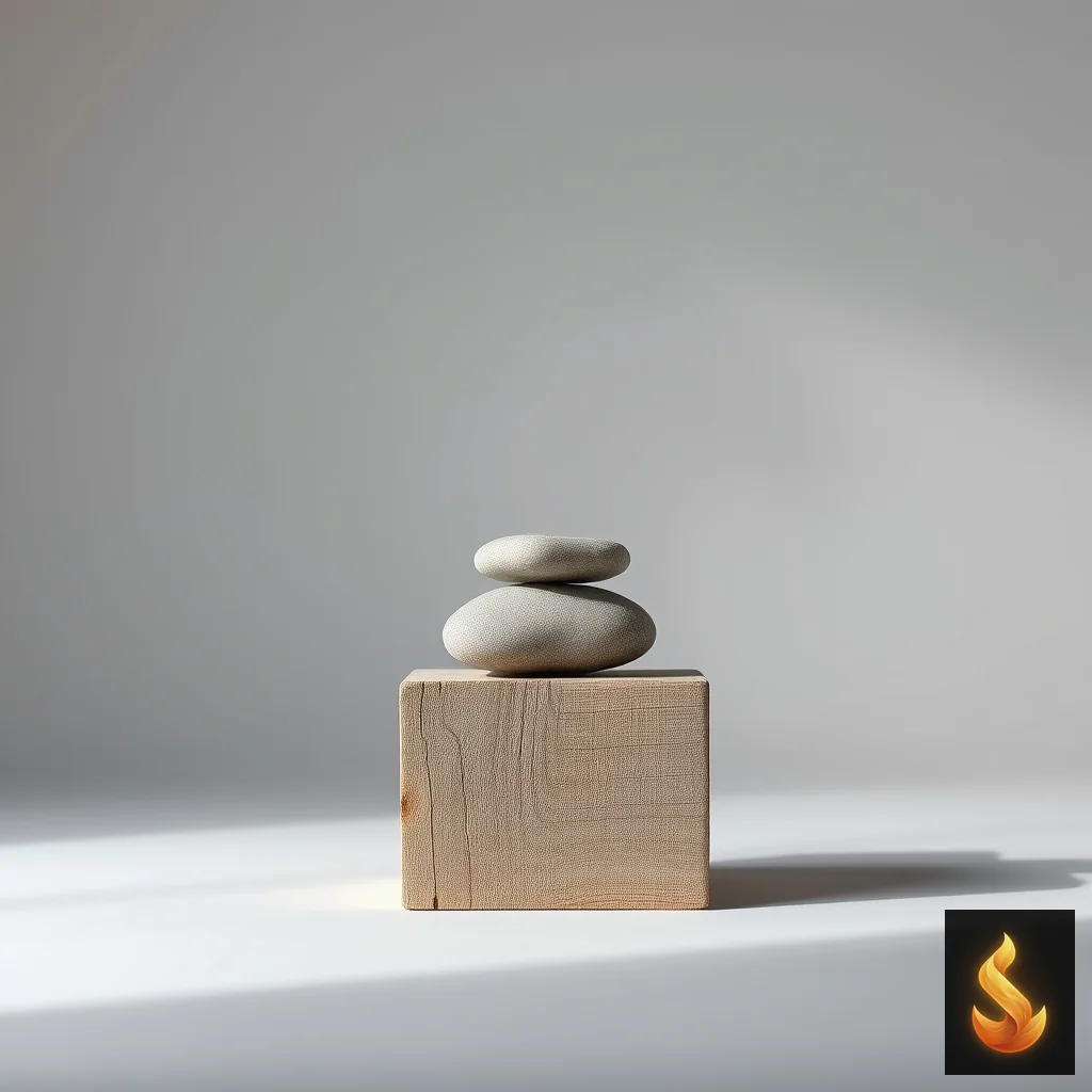 A balanced river stone on a wooden block, representing Acceptance and Commitment Therapy defusion and mindful task initiation.