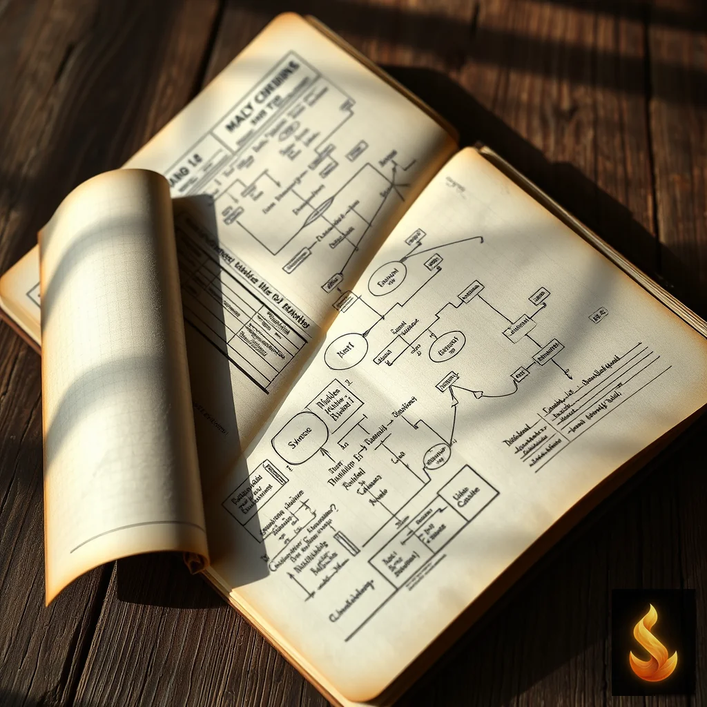 An open vintage ledger featuring intricate cognitive flowcharts, illustrating the structural mechanics and limitations of traditional CBT restructuring for ADHD.