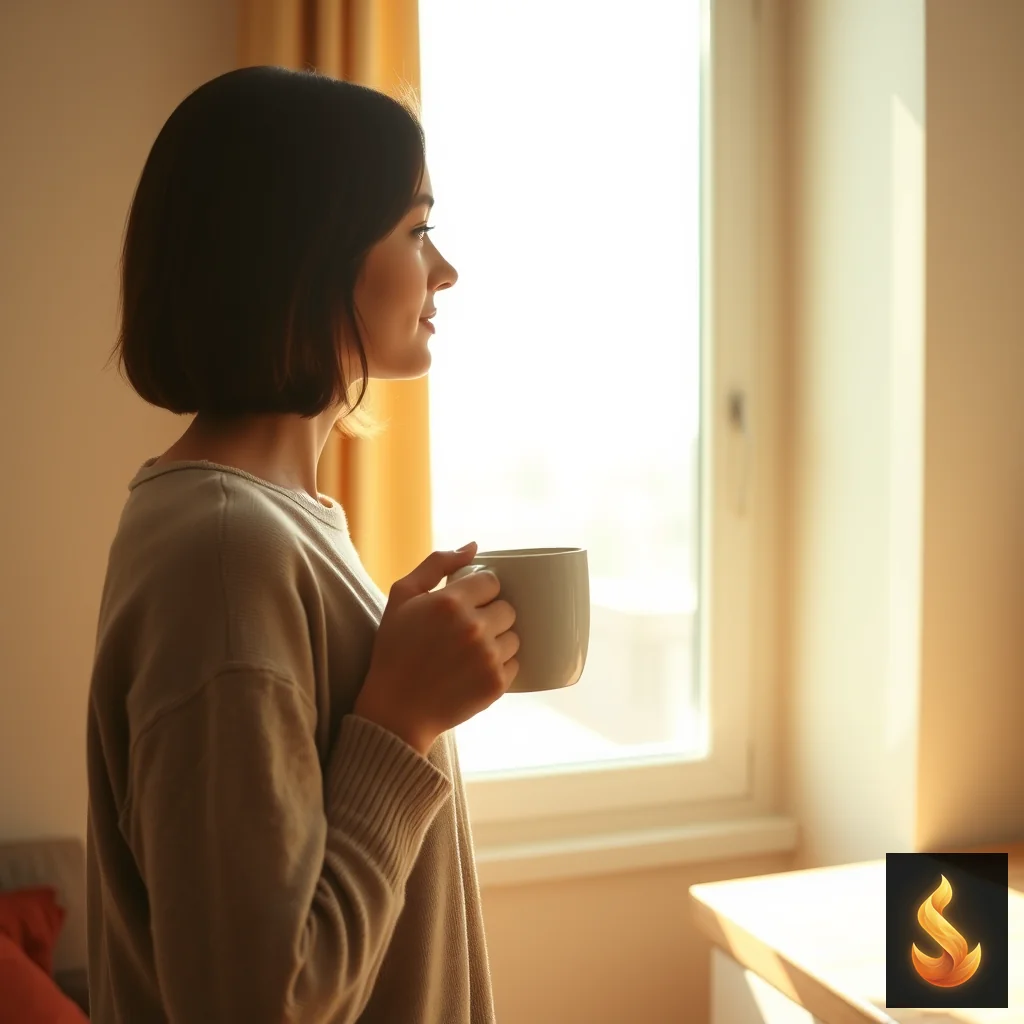 A person holding a warm mug by a sunlit window, symbolizing the transition from reactive firefighting to sustainable self-understanding.