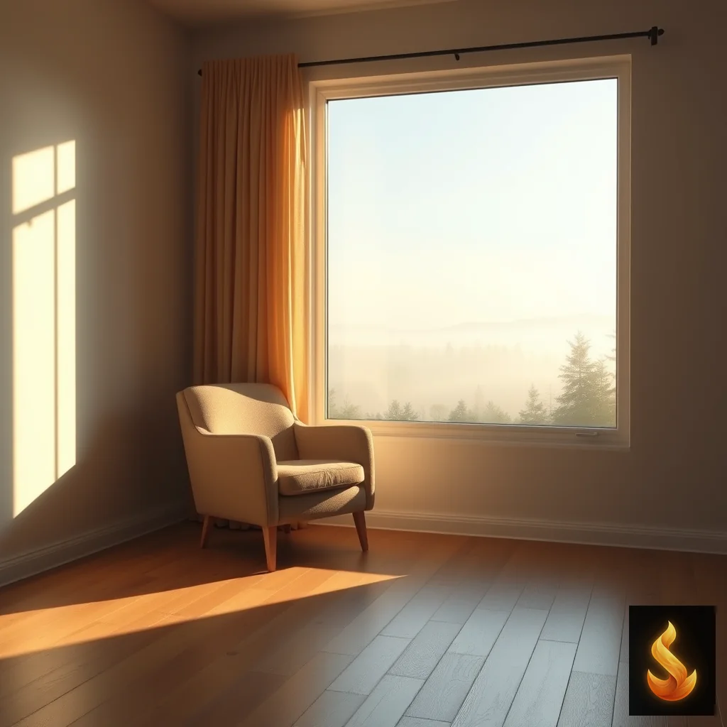 A quiet, sunlit room with an armchair by a window overlooking a calm landscape at dawn.