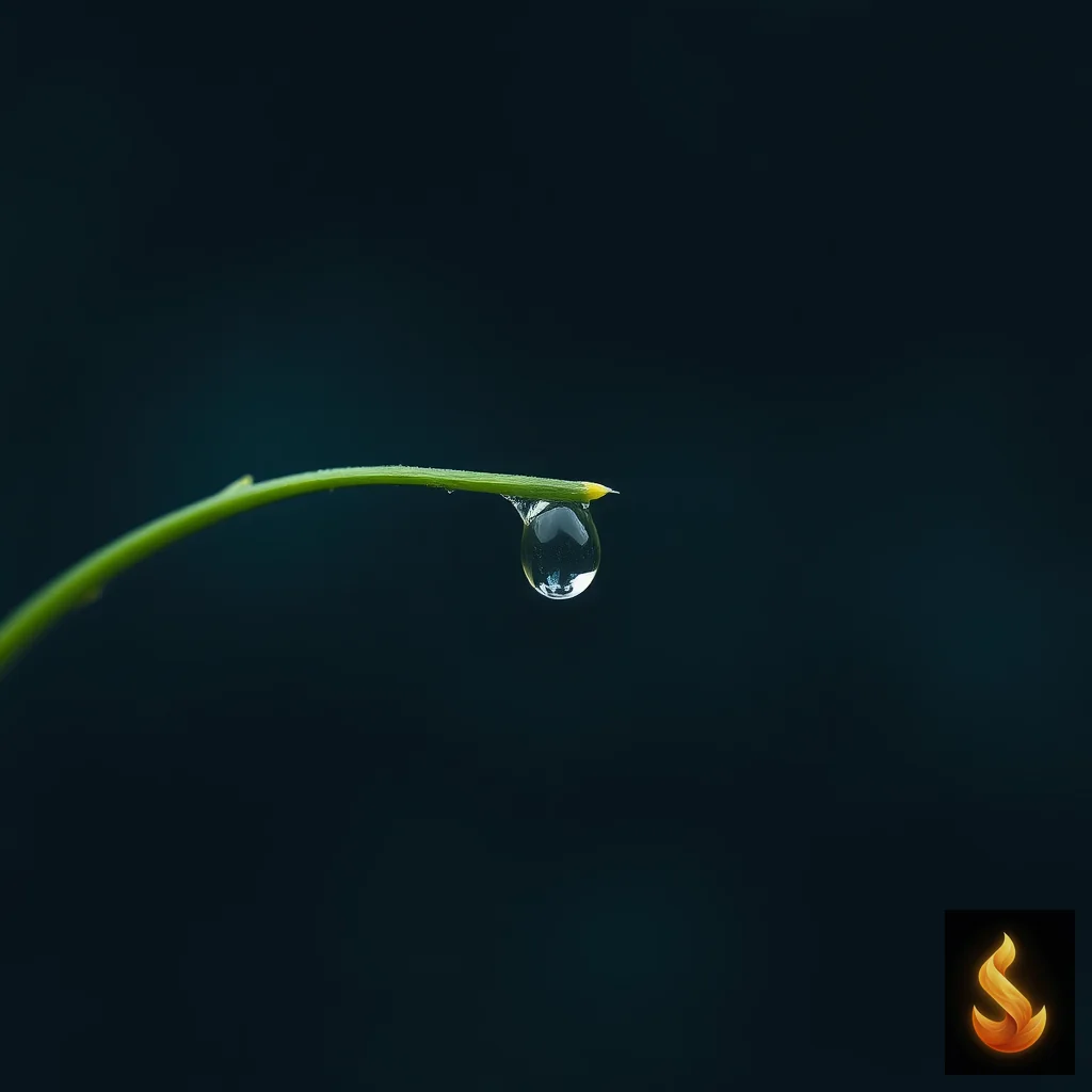 A flexible green stem bending under a dew drop, illustrating psychological flexibility and acceptance mechanics.