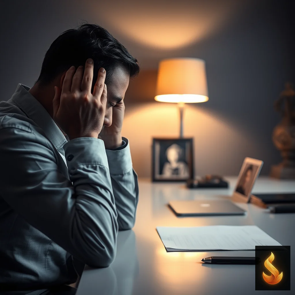 A professional experiencing a tension headache at a clean modern desk.