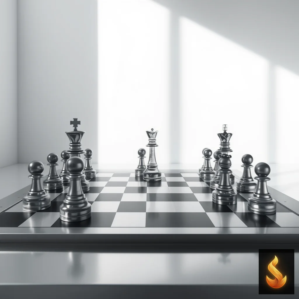 A polished steel chessboard representing strategic stalemate and pressure.