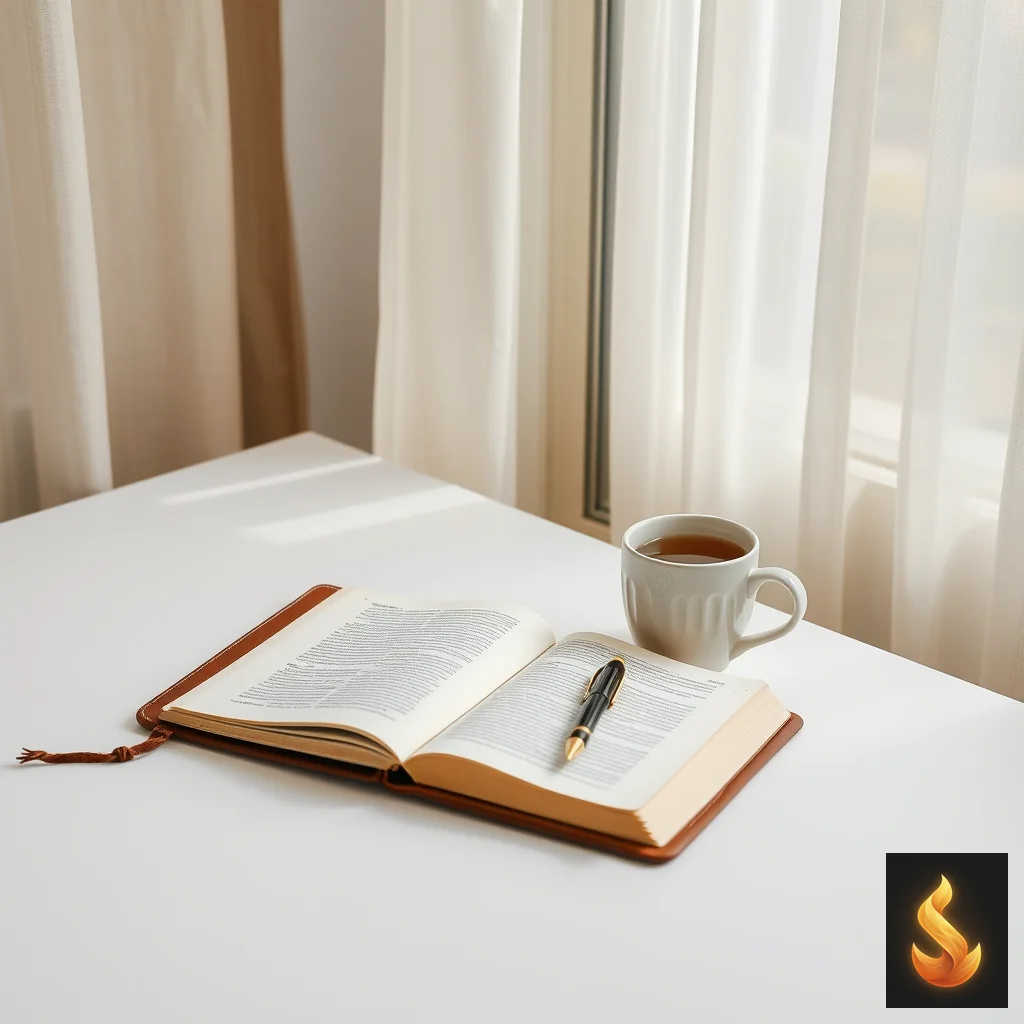 An orderly desk with a journal and pen by a window, representing root-cause clarity and self-reflection.