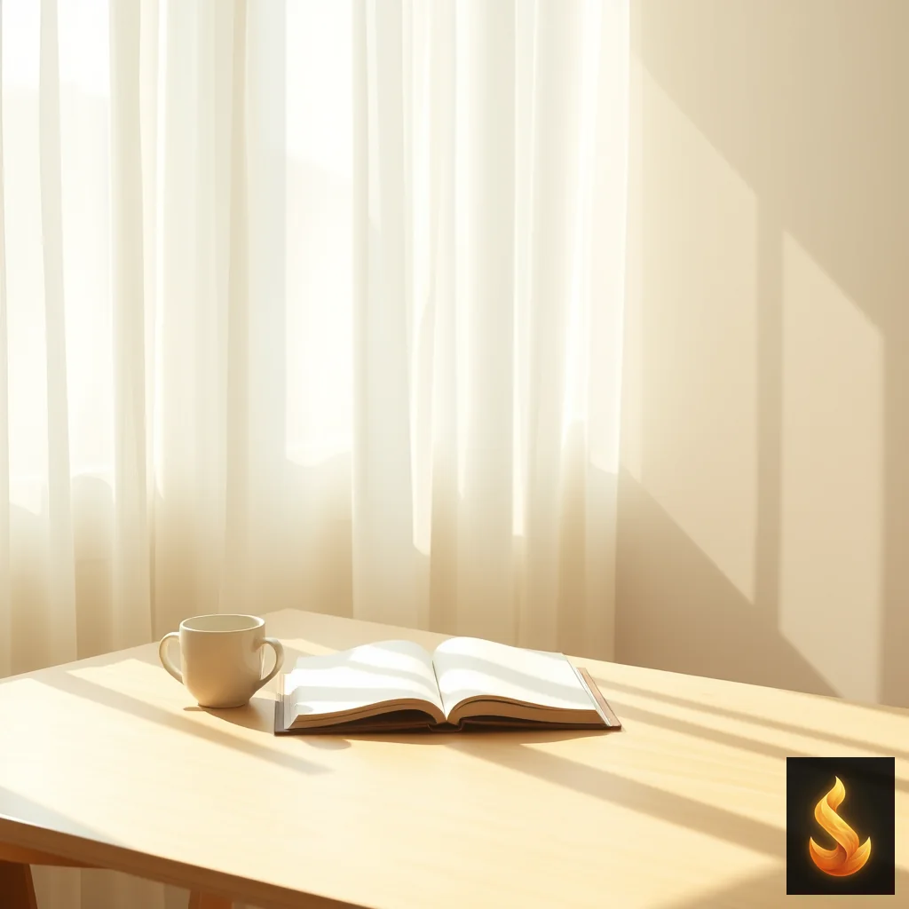 A sunlit room with clean wooden desk and morning light representing clarity.