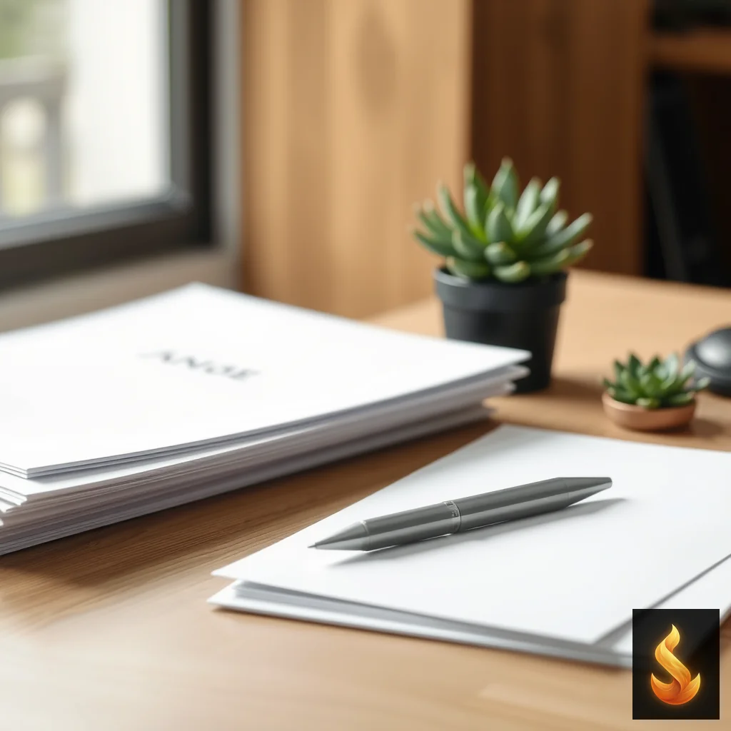 A neat stack of papers and a pen on a clean wooden desk with a small plant.