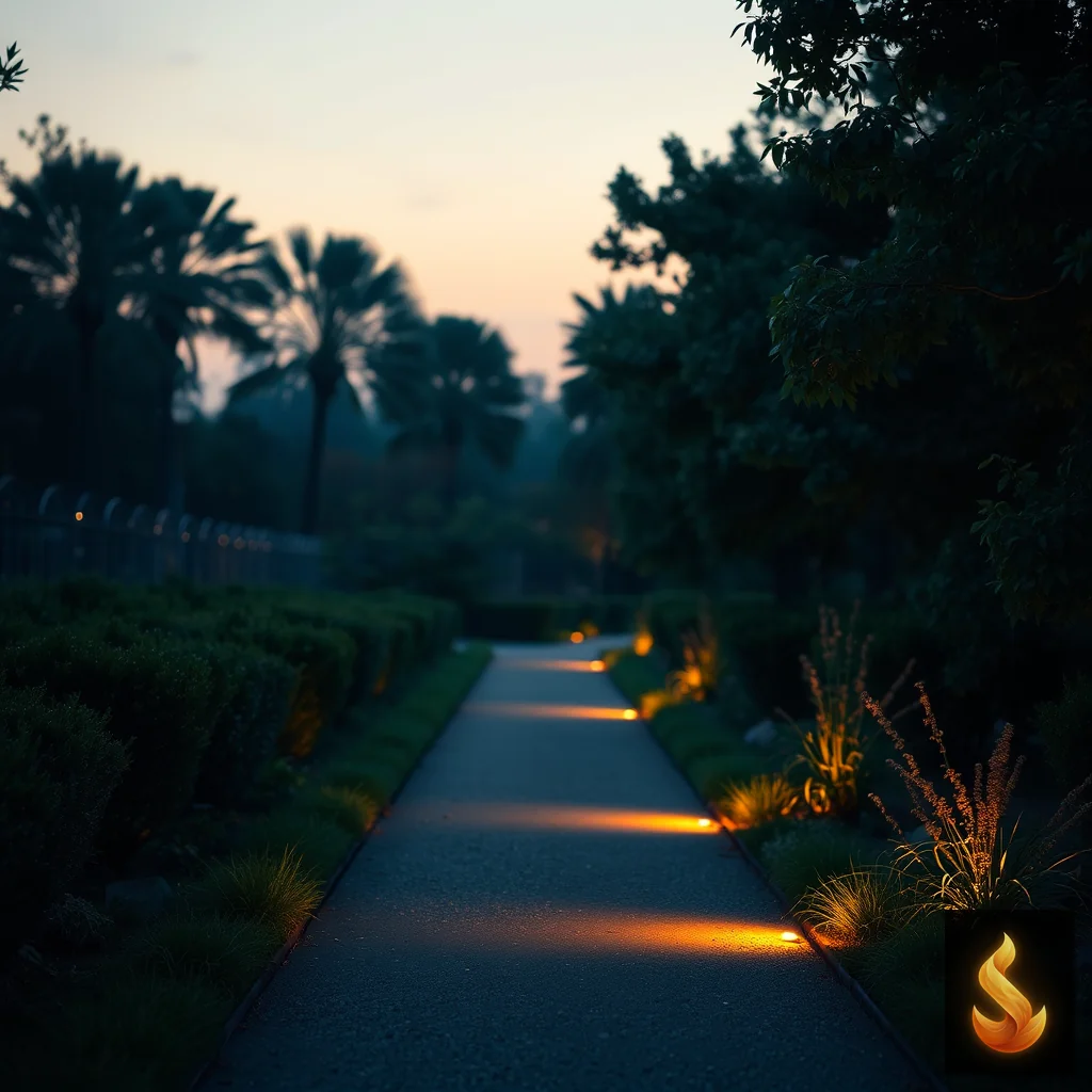 A serene pathway winding through a quiet garden at twilight with gentle lighting.