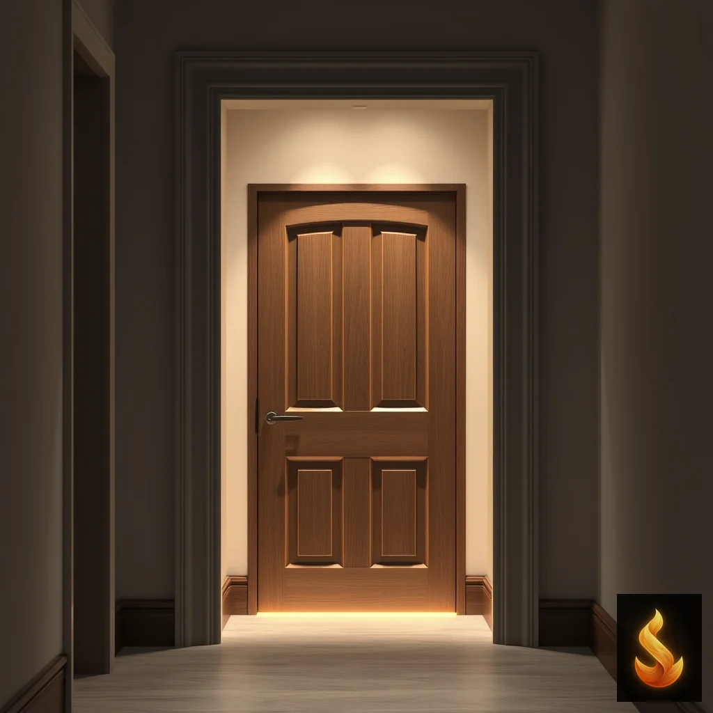 A closed wooden door with warm light glowing beneath the threshold in a quiet hallway.