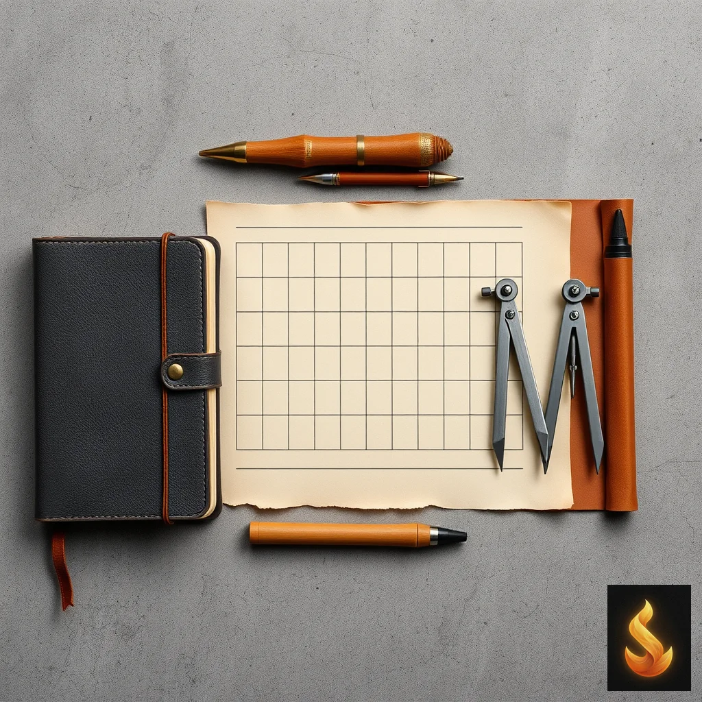 A methodical arrangement of a journal, compass, and grid paper, representing a structured decision matrix for comparing mental health modalities.