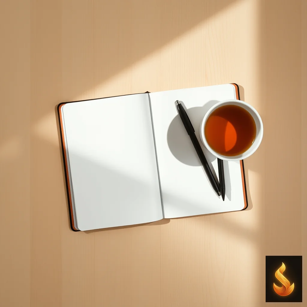 An open notebook and pen on a clean desk, representing cognitive restructuring and solo journaling exercises.
