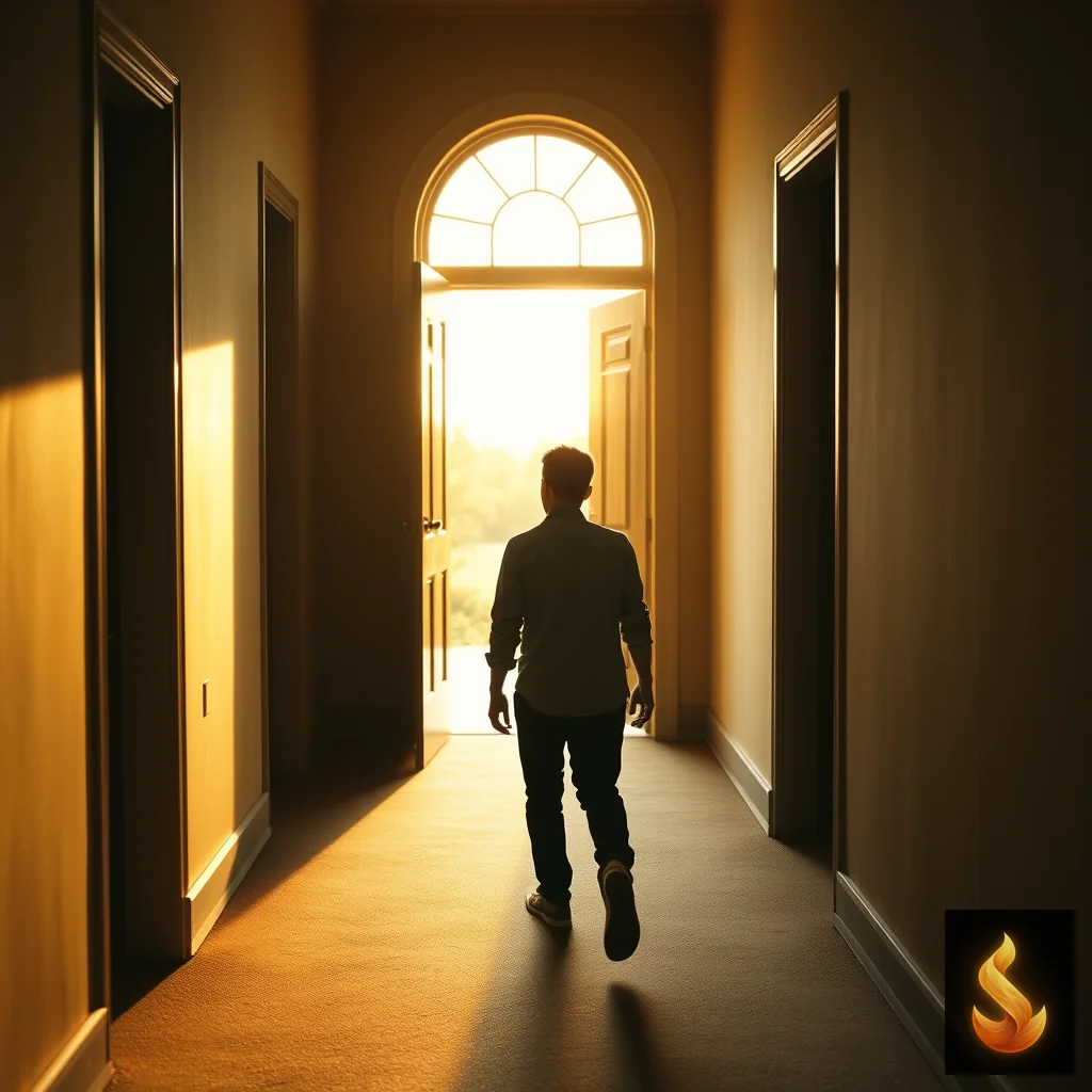 A person walking toward a sunlit doorway, representing actionable next steps and the journey toward root-cause clarity.