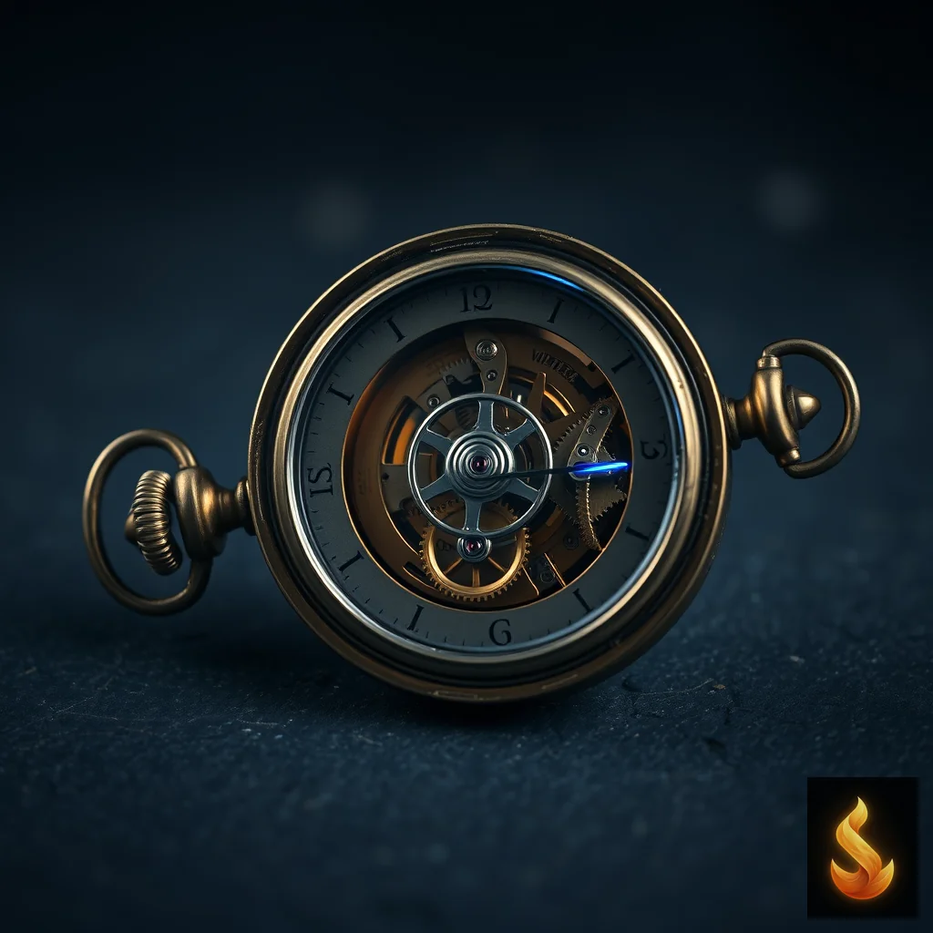 Close-up of intricate pocket watch gears resting on slate under dim moody lighting.