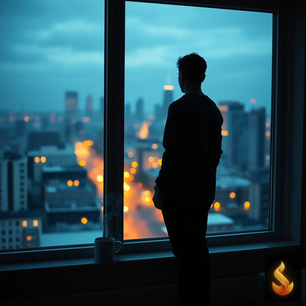 Silhouette of a person standing by a large rainy window looking out at a city skyline at dusk.