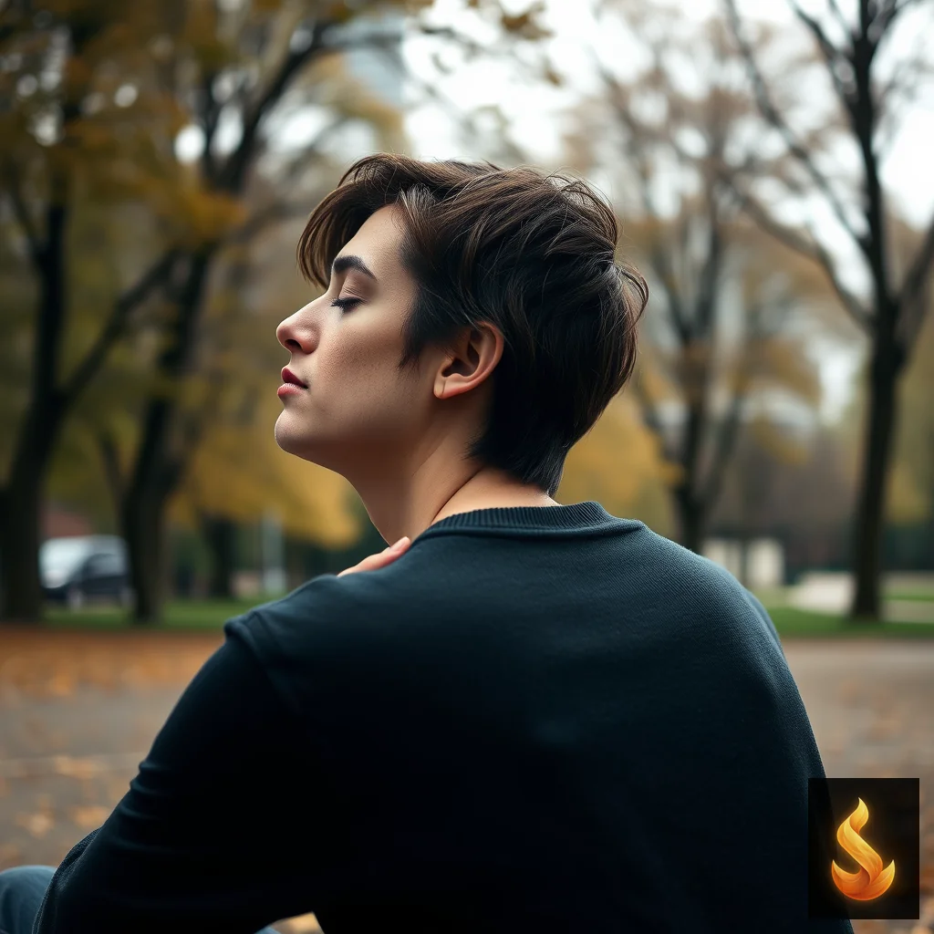 Profile of a person outdoors with eyes closed and hand on chest during somatic release.