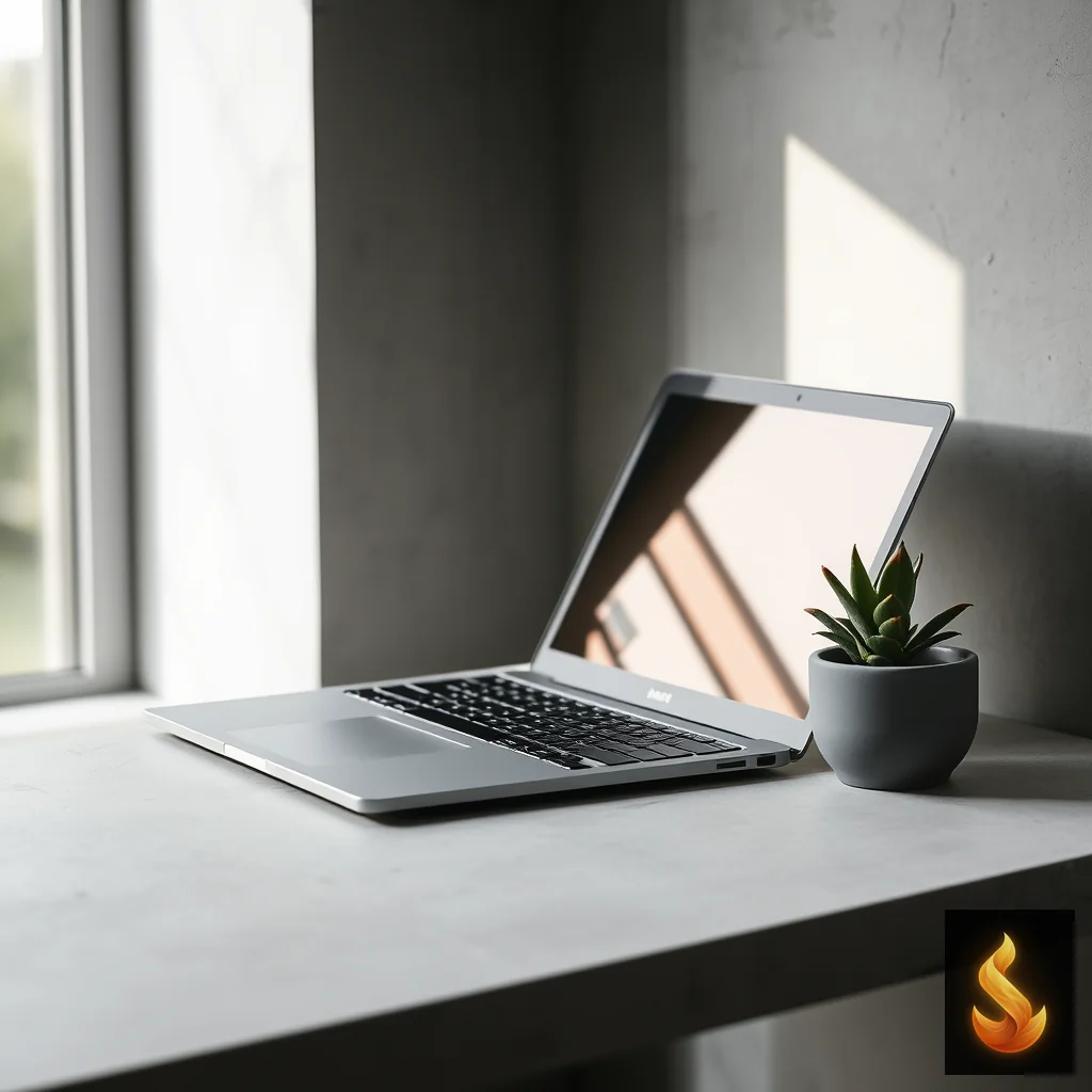 A clean laptop and green plant on a desk symbolizing secure, local-only digital mental health assessments with absolute privacy.