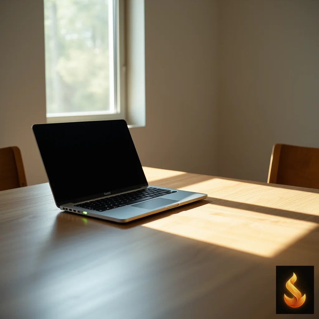 A closed laptop resting on a wooden table with a subtle indicator light, symbolizing secure local device data privacy for mental health assessments.